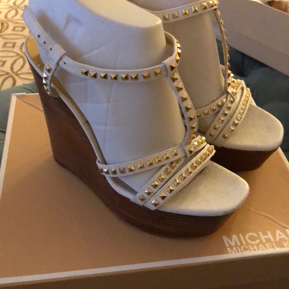Michael Kors white wedges with gold studs